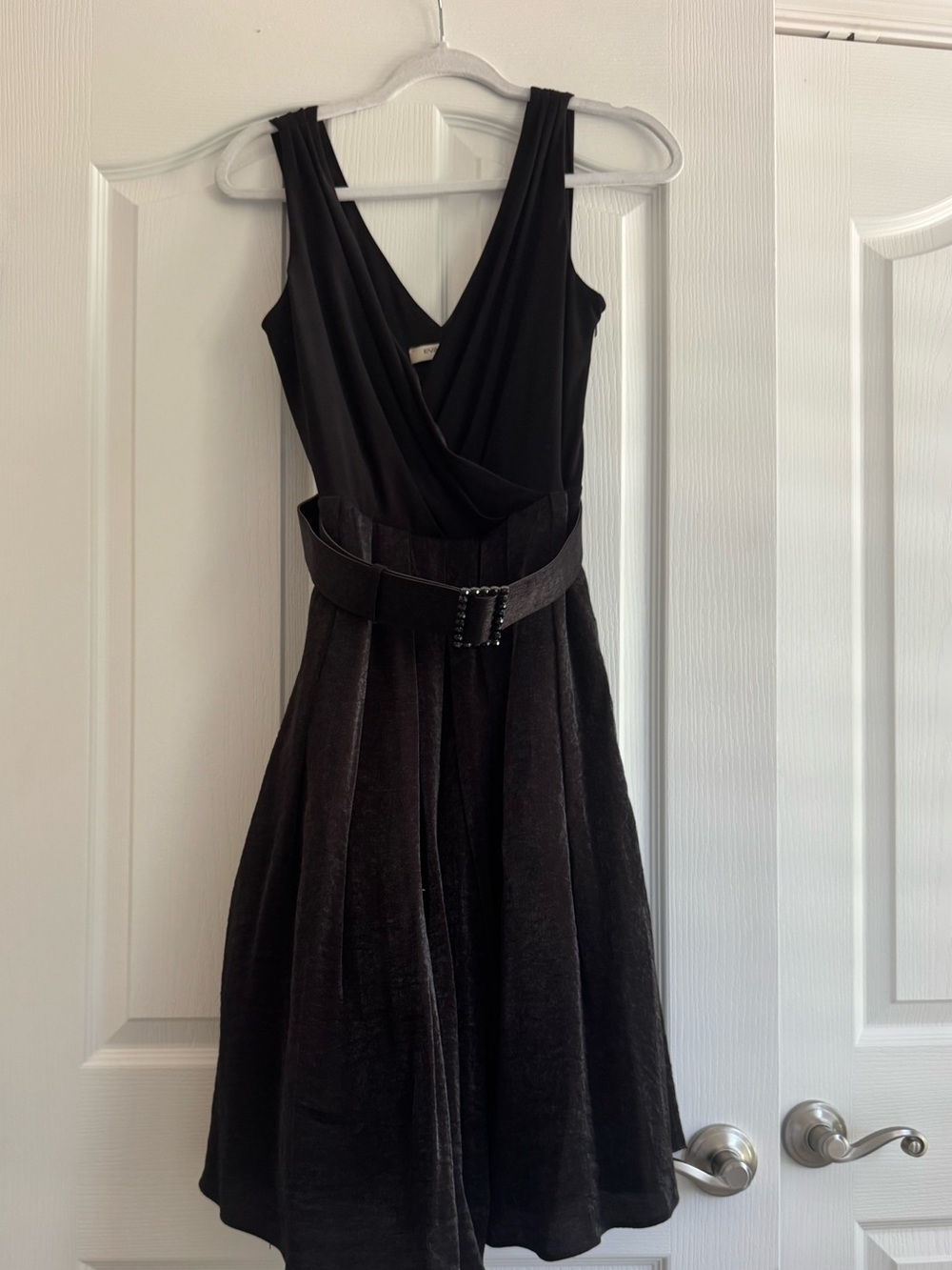 Classic Black Belted V-Neck Dress. Lined and with taffeta layering underneath.